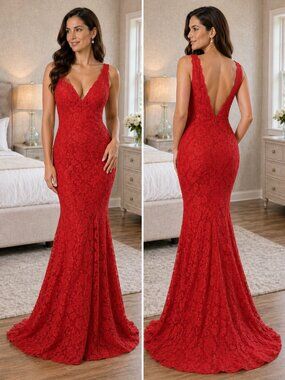 Jovani Red Floral Lace Double V-Neck Formal Gown $550